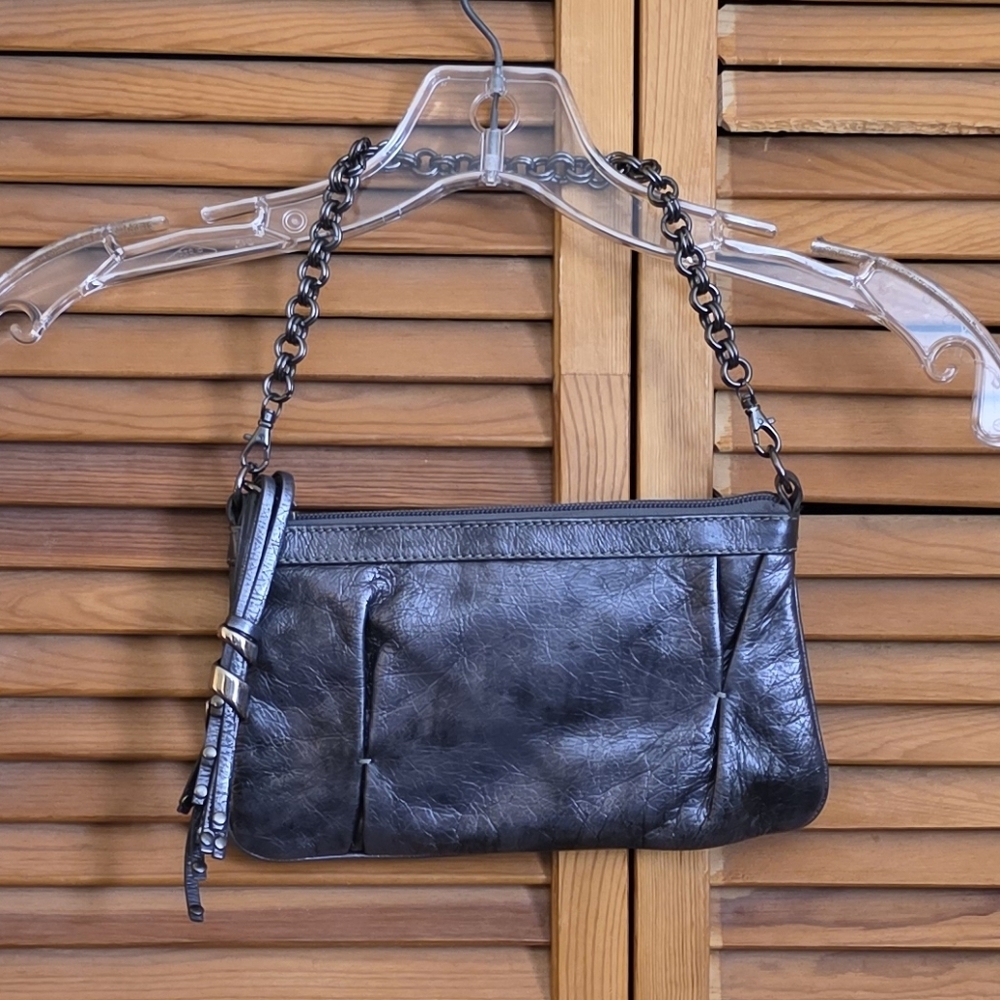EUC Francesco Biasia Beatrix Leather Metallic Pleated Wristlet Clutch Bag